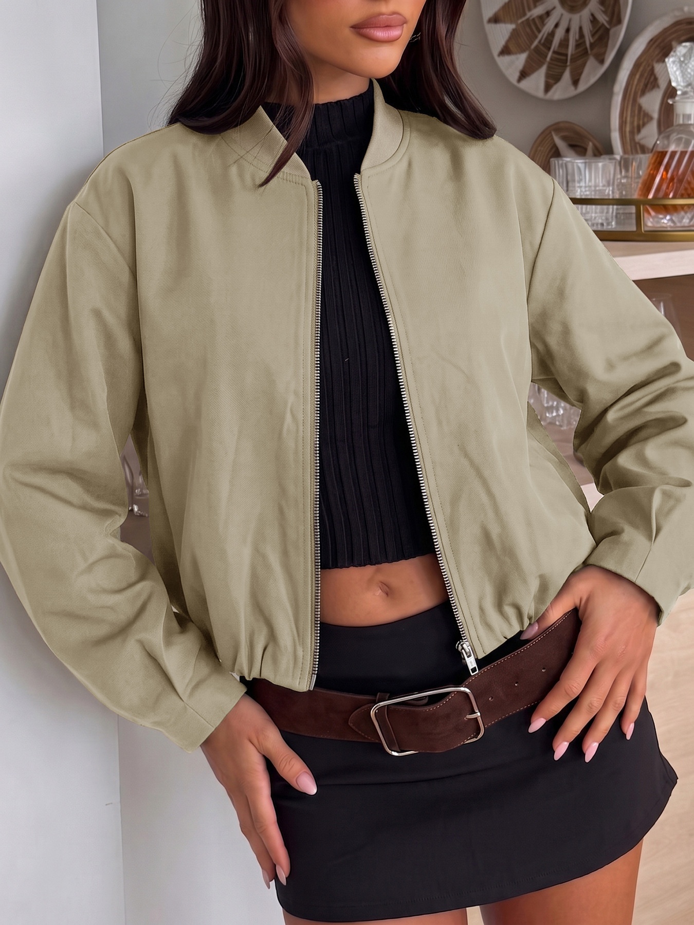 Women's Cropped Zip-Up Bomber Jacket