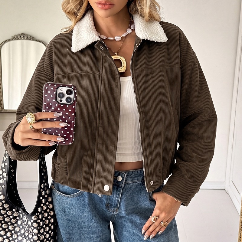 Women's Corduroy Crop Jacket with Sherpa Collar