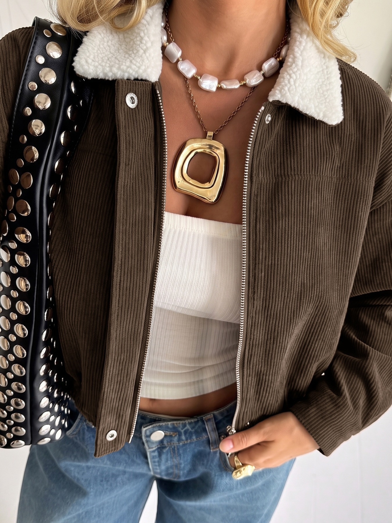 Women's Corduroy Crop Jacket with Sherpa Collar