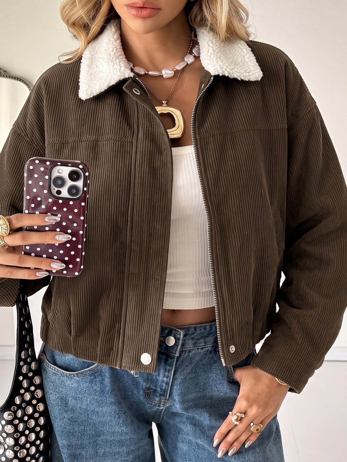 Women's Corduroy Crop Jacket with Sherpa Collar