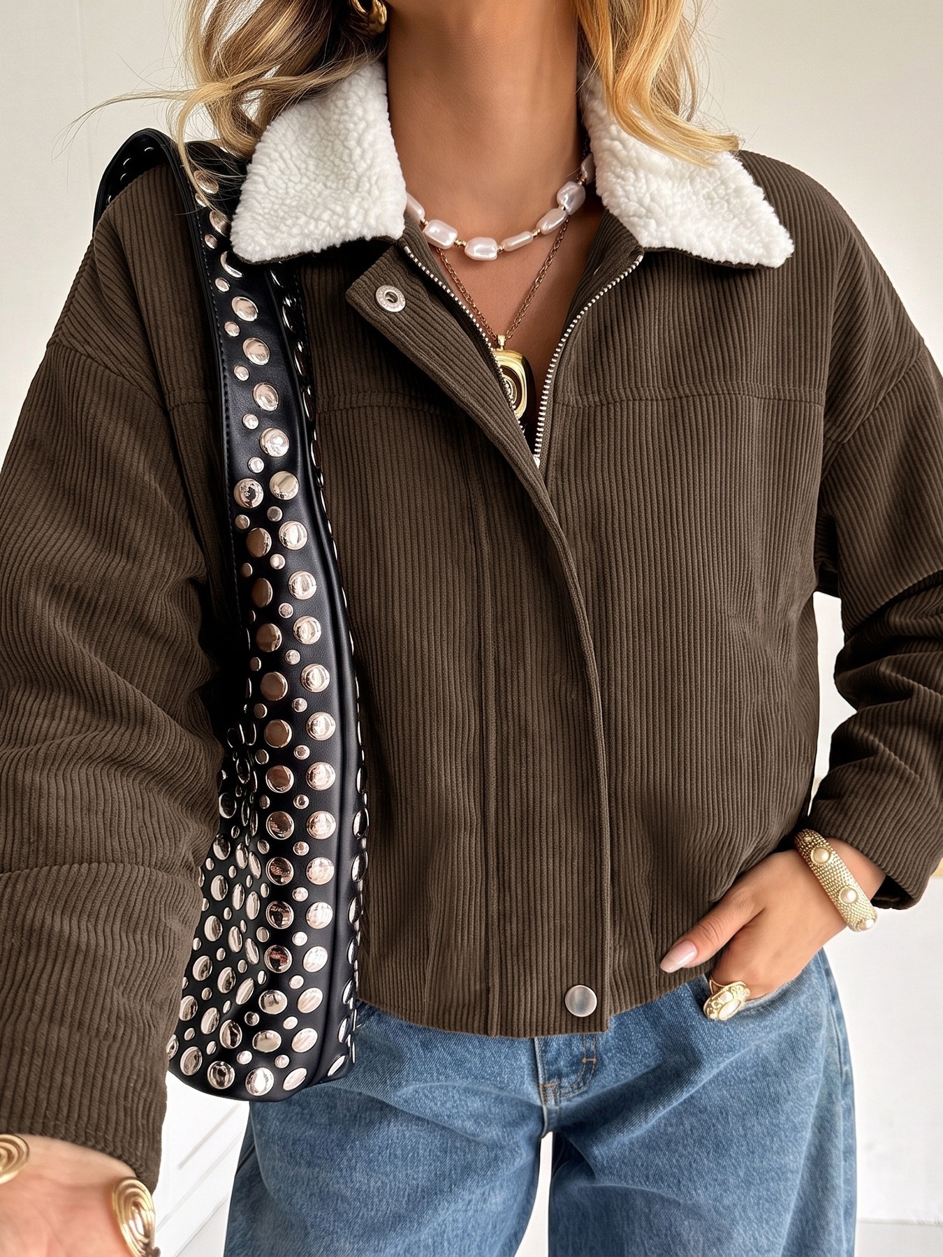 Women's Corduroy Crop Jacket with Sherpa Collar