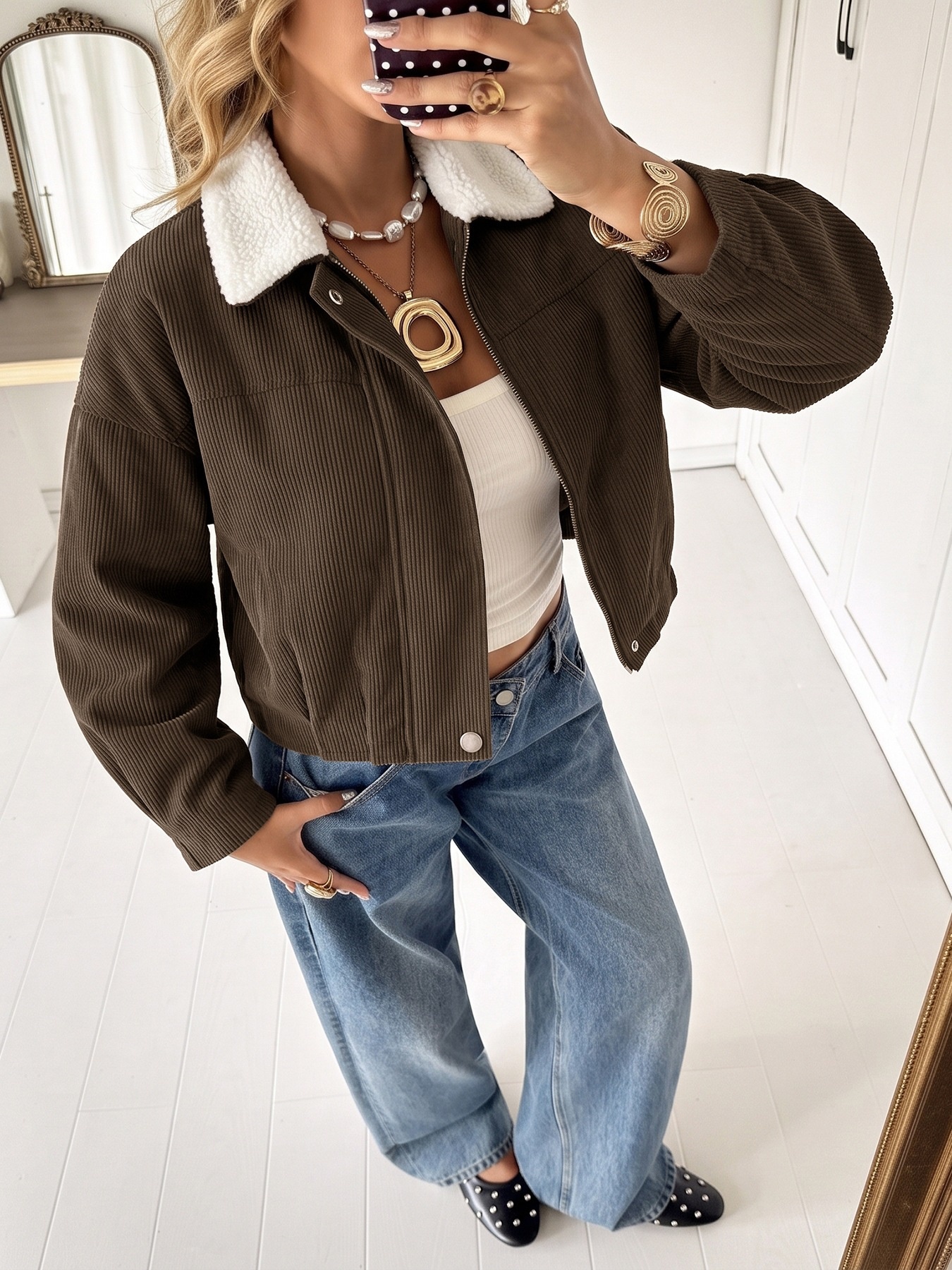 Women's Corduroy Crop Jacket with Sherpa Collar