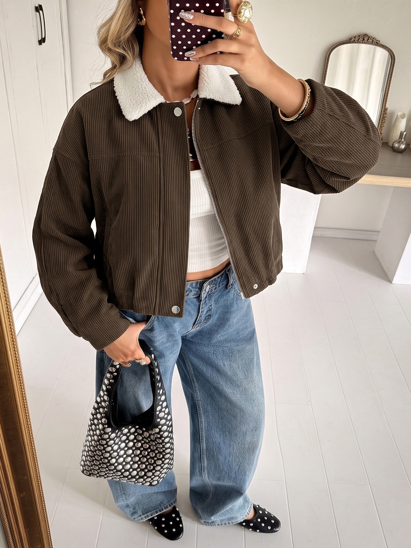 Women's Corduroy Crop Jacket with Sherpa Collar