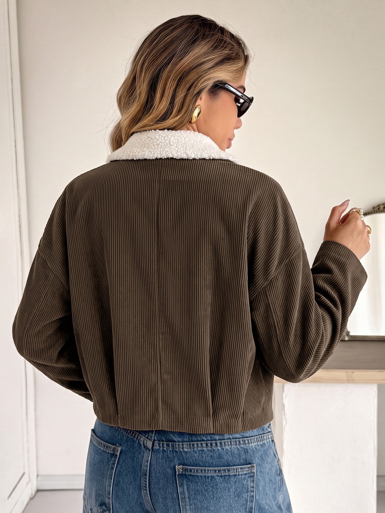 Women's Corduroy Crop Jacket with Sherpa Collar
