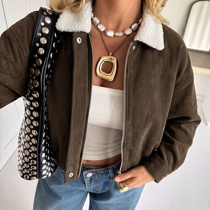 Women's Corduroy Crop Jacket with Sherpa Collar