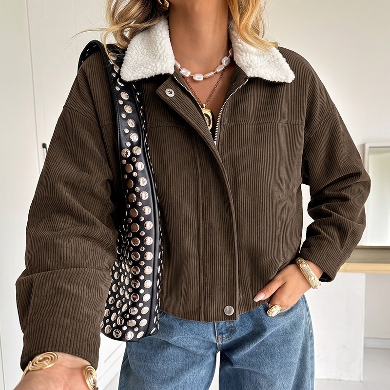 Women's Corduroy Crop Jacket with Sherpa Collar