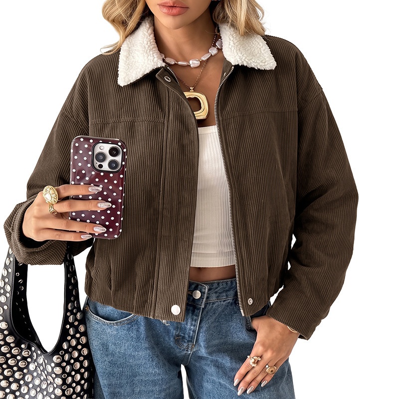 Women's Corduroy Crop Jacket with Sherpa Collar