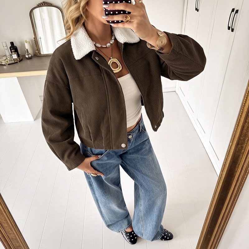 Women's Corduroy Crop Jacket with Sherpa Collar