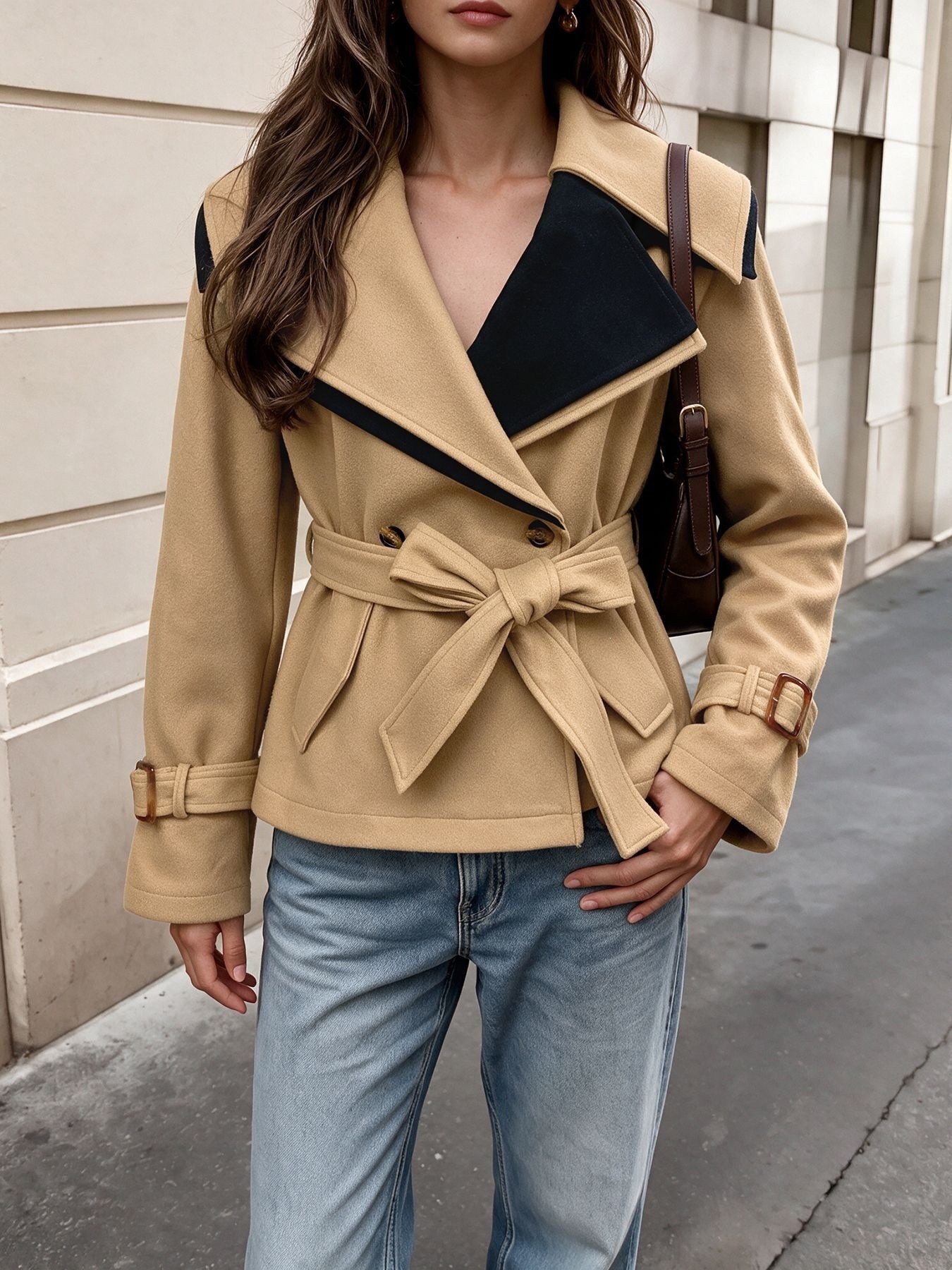 Contrast Lapel Belted Double-Breasted Short Coat