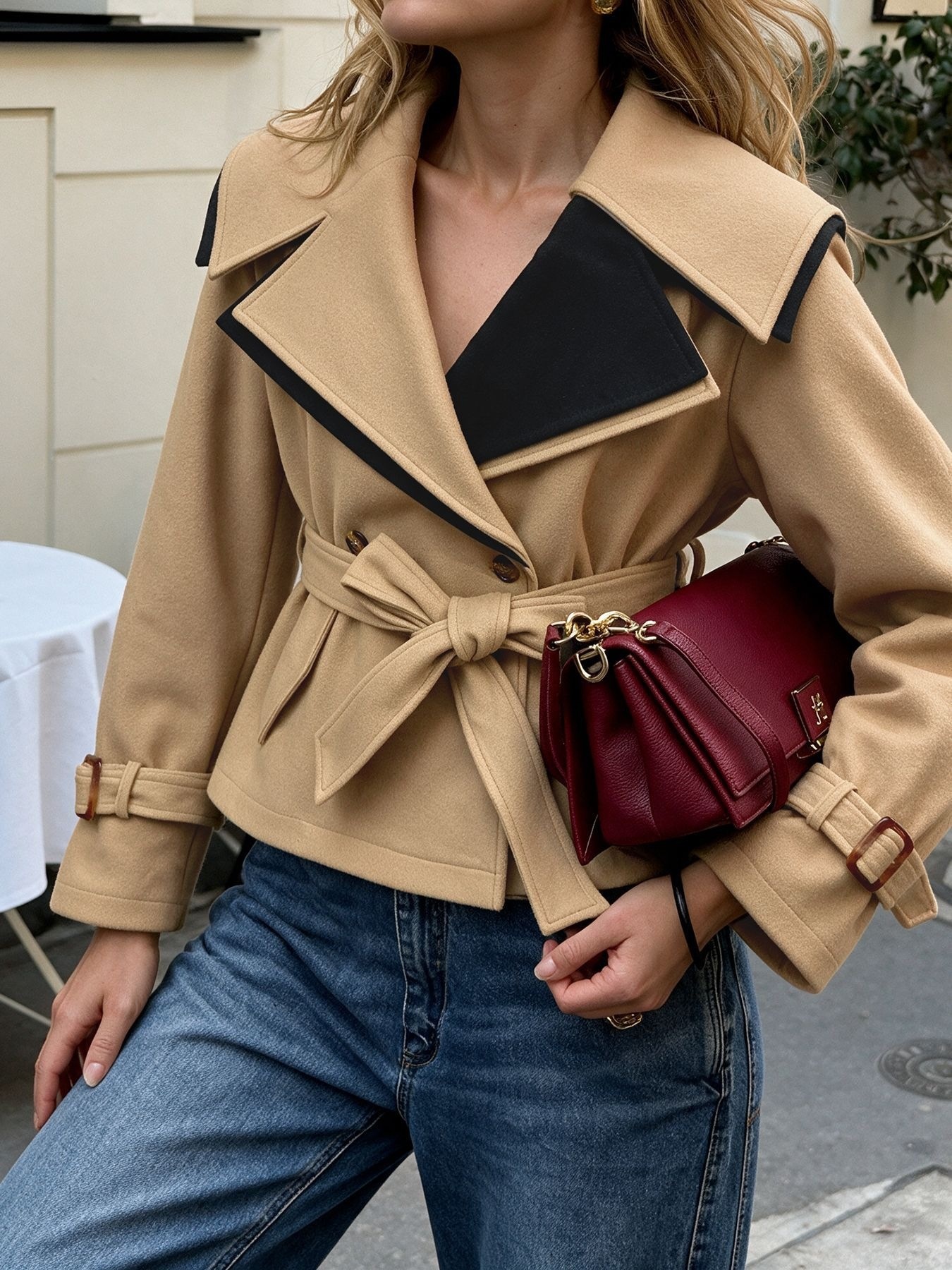 Contrast Lapel Belted Double-Breasted Short Coat