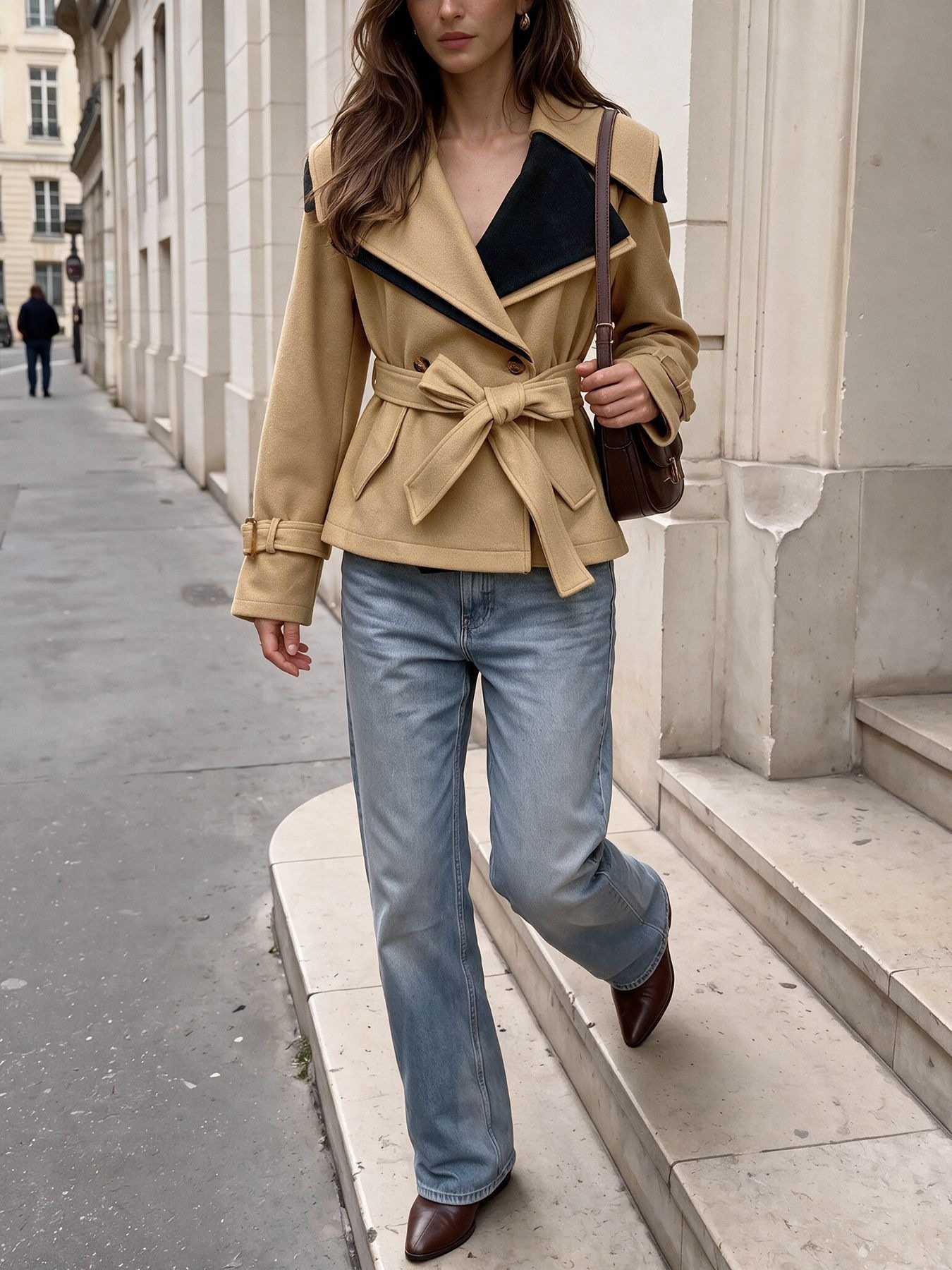 Contrast Lapel Belted Double-Breasted Short Coat