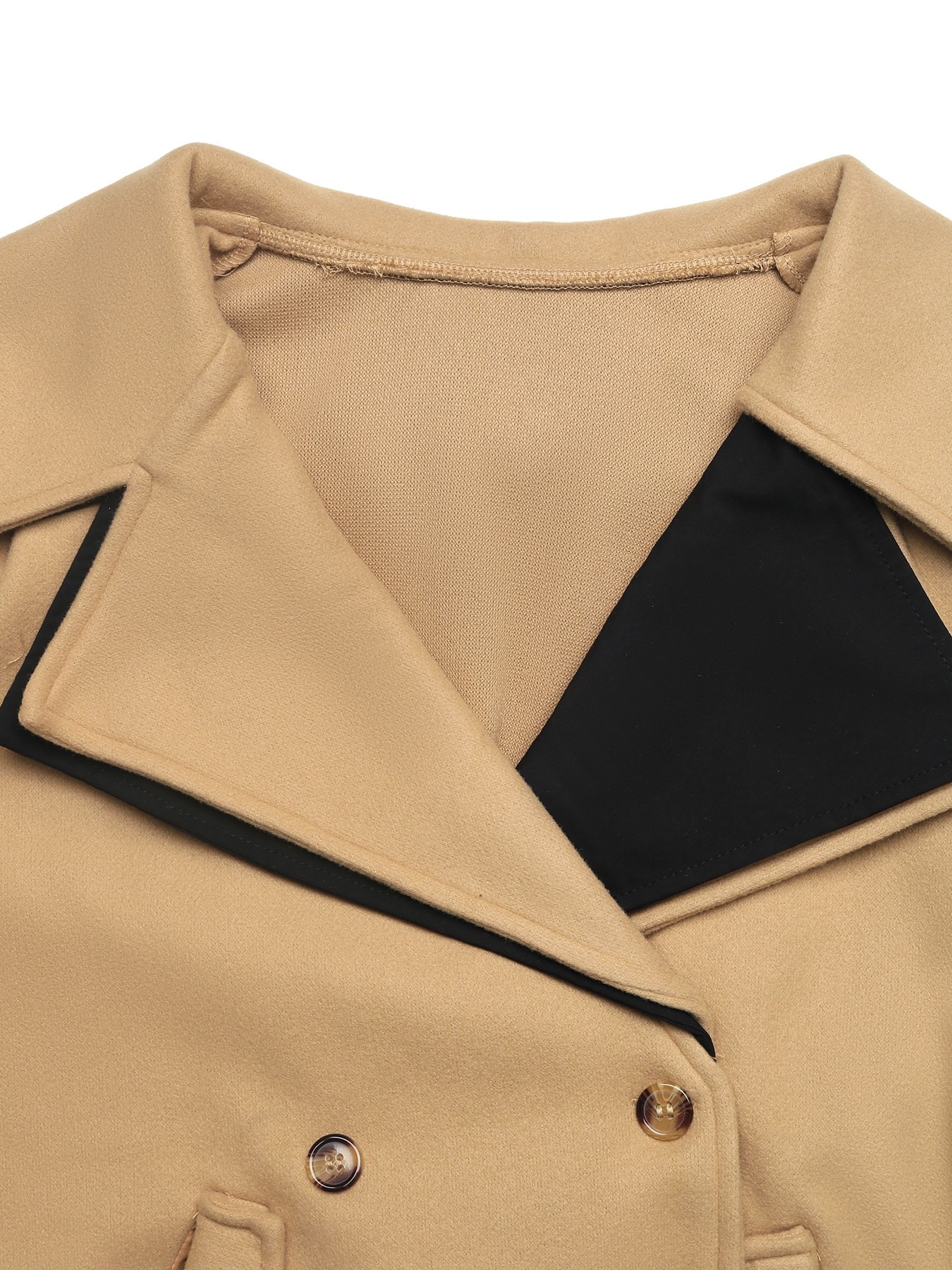Contrast Lapel Belted Double-Breasted Short Coat