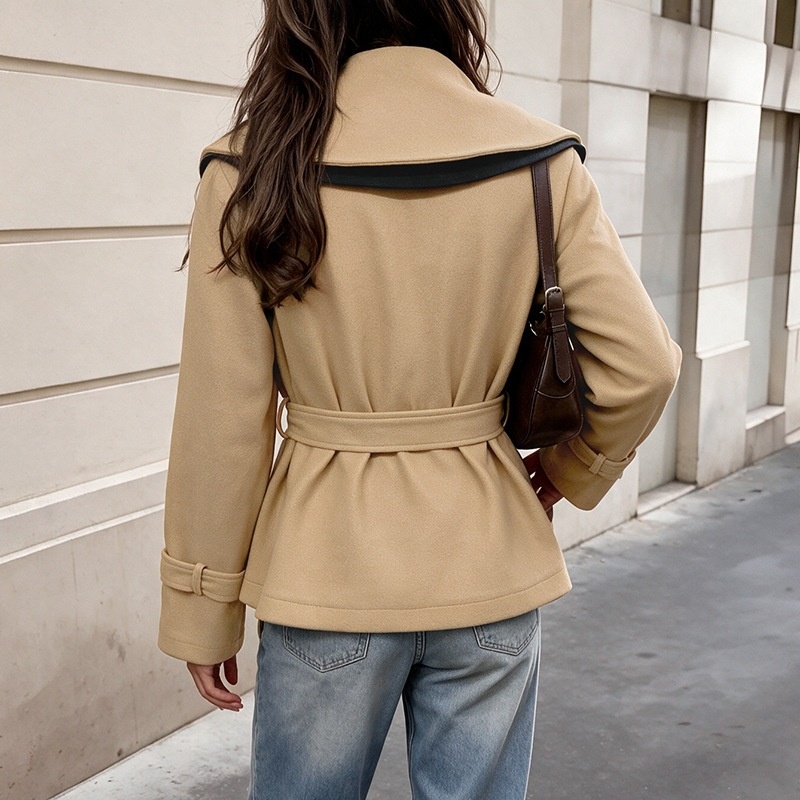 Contrast Lapel Belted Double-Breasted Short Coat