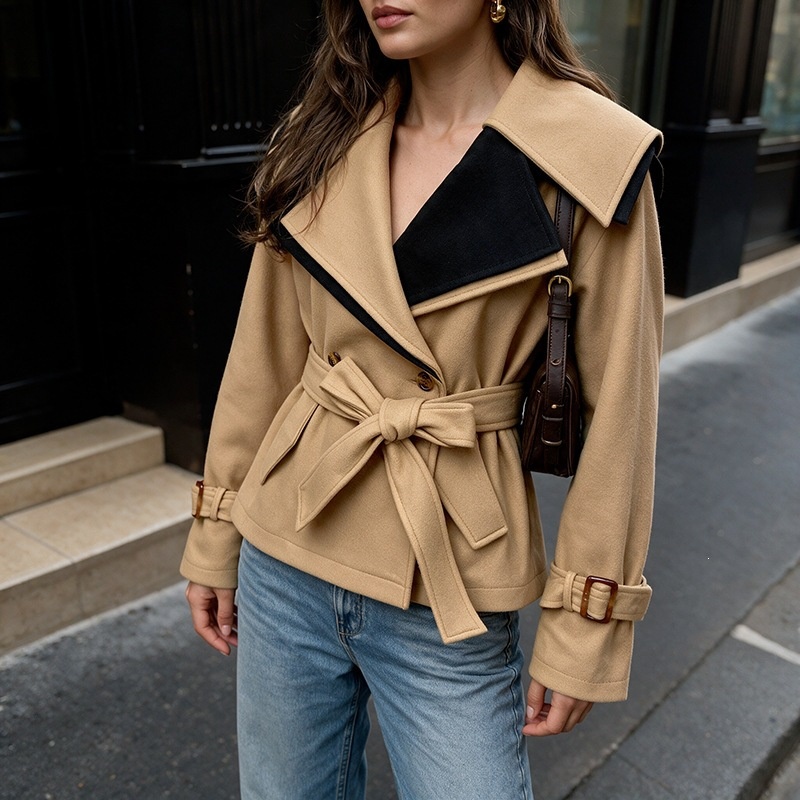 Contrast Lapel Belted Double-Breasted Short Coat