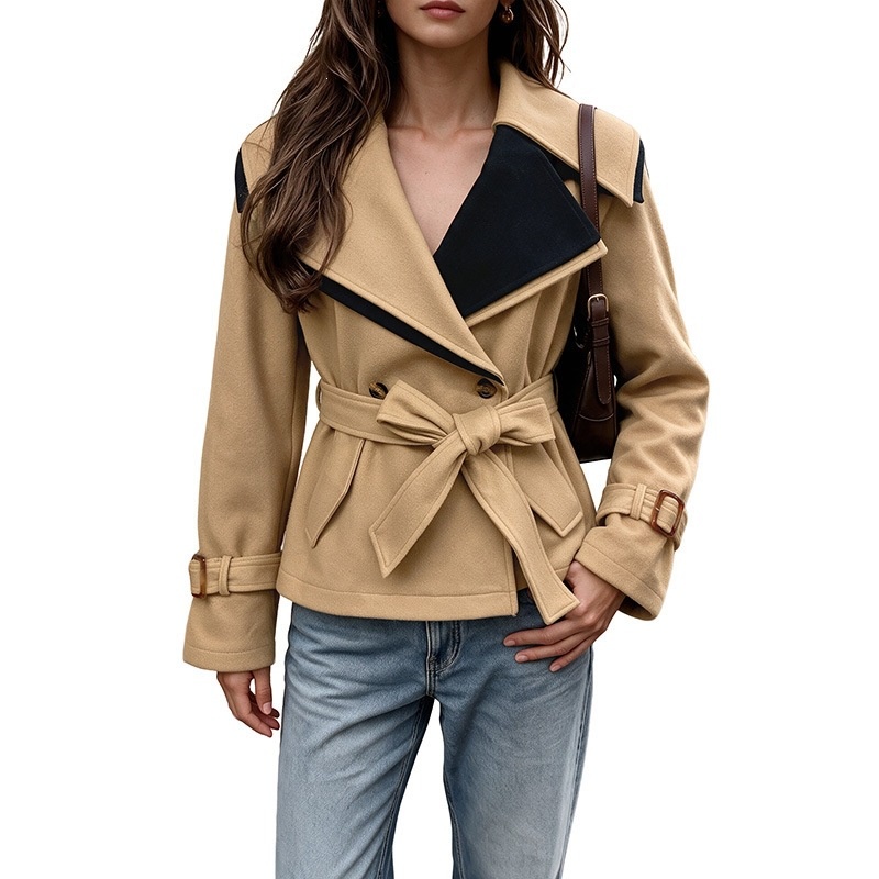 Contrast Lapel Belted Double-Breasted Short Coat