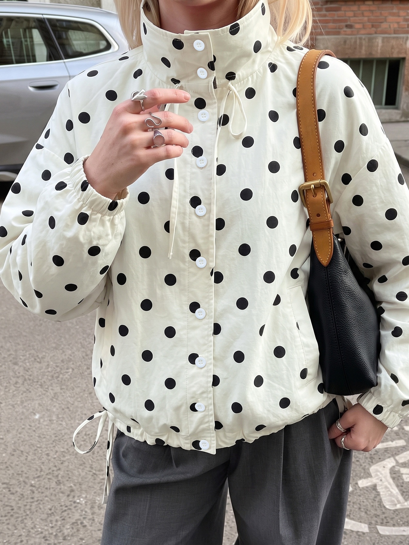Women's Polka Dot Stand Collar Button-Up Jacket