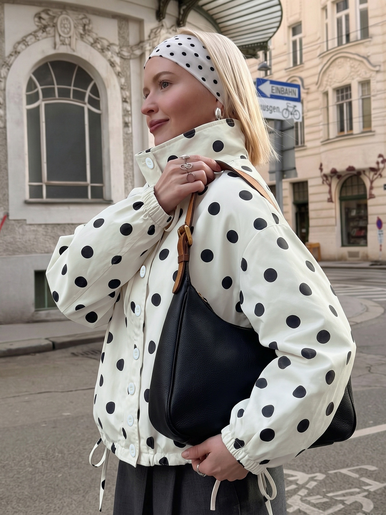 Women's Polka Dot Stand Collar Button-Up Jacket
