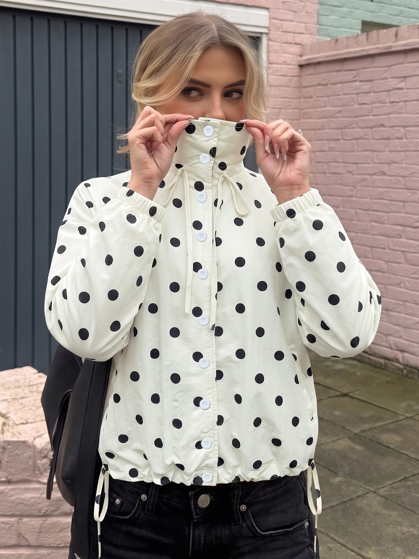 Women's Polka Dot Stand Collar Button-Up Jacket