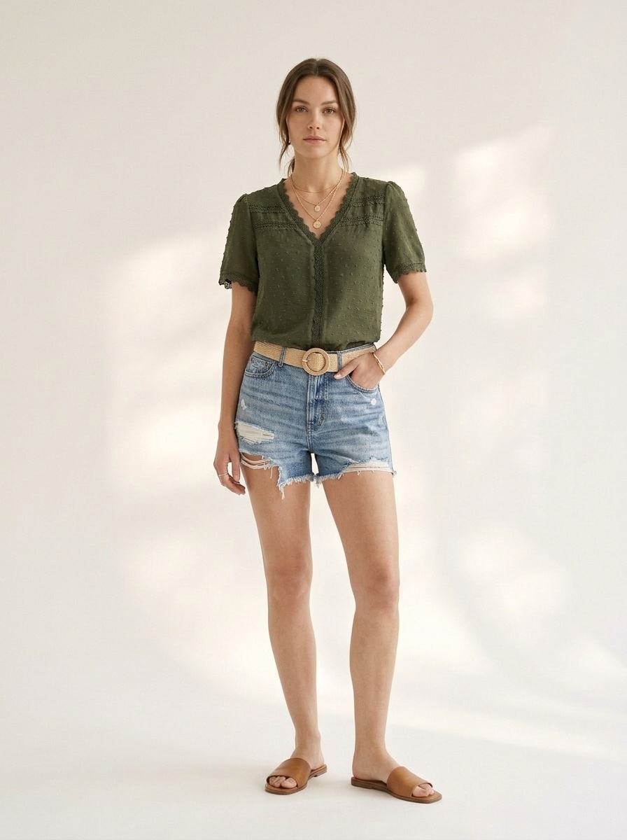 Damenbluse mit V-Ausschnitt, Spitzenbesatz und Schweizer Pünktchenmuster, kurzen Ärmeln