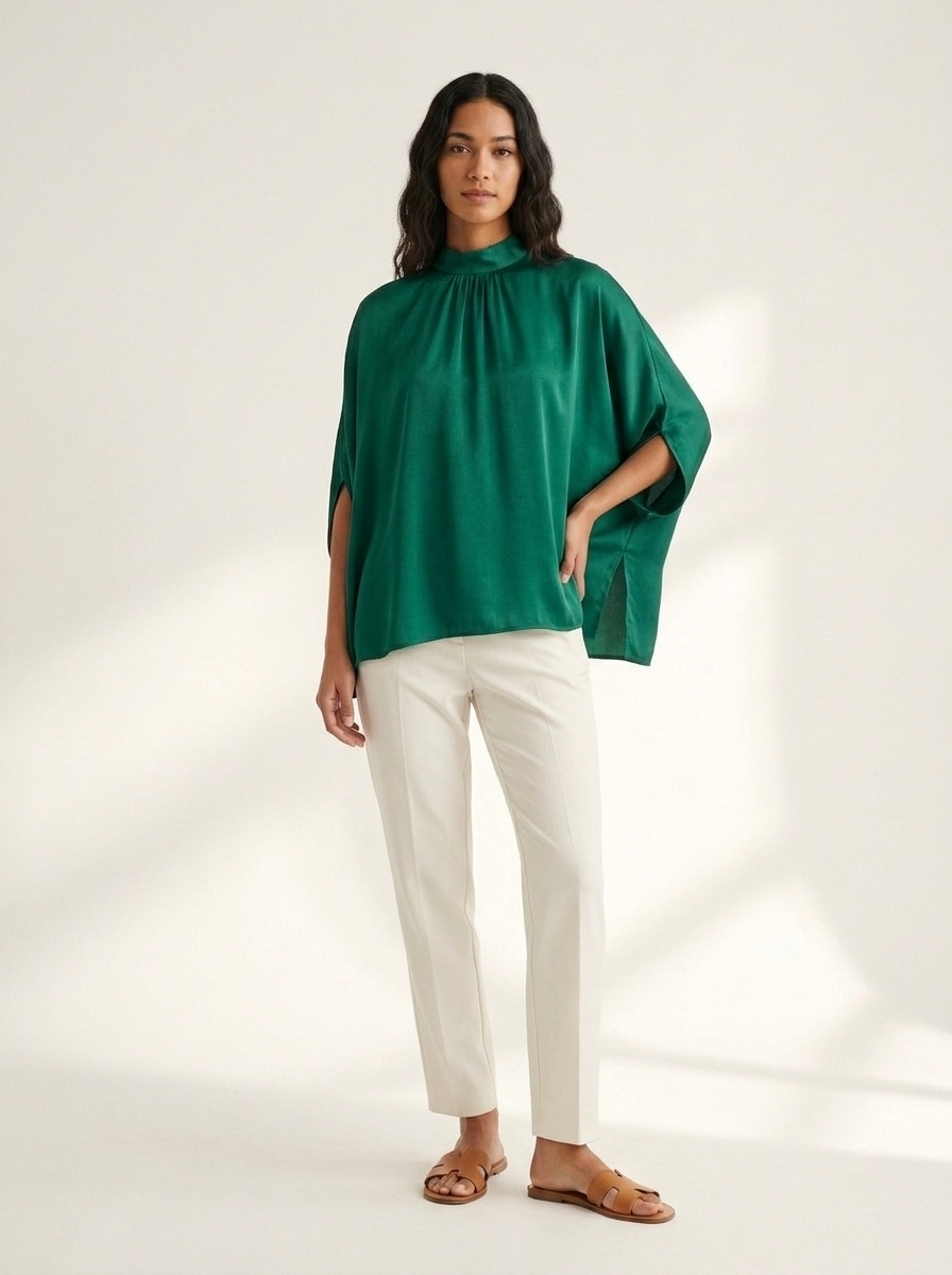 Blusa elegante con manga dolman y cuello simulado