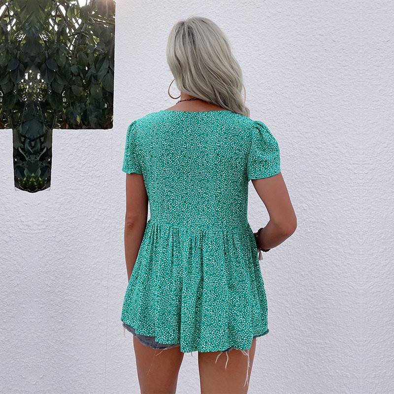 Damenbluse mit Blumenmuster, V-Ausschnitt und Schößchen