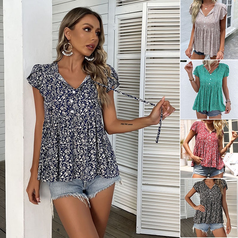 Damenbluse mit Blumenmuster, V-Ausschnitt und Schößchen