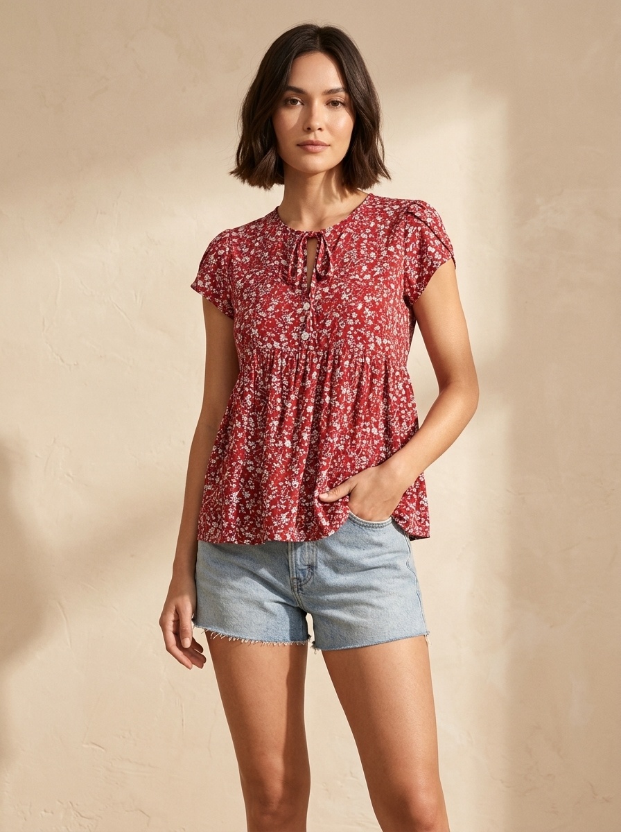 Damenbluse mit Blumenmuster, V-Ausschnitt und Schößchen