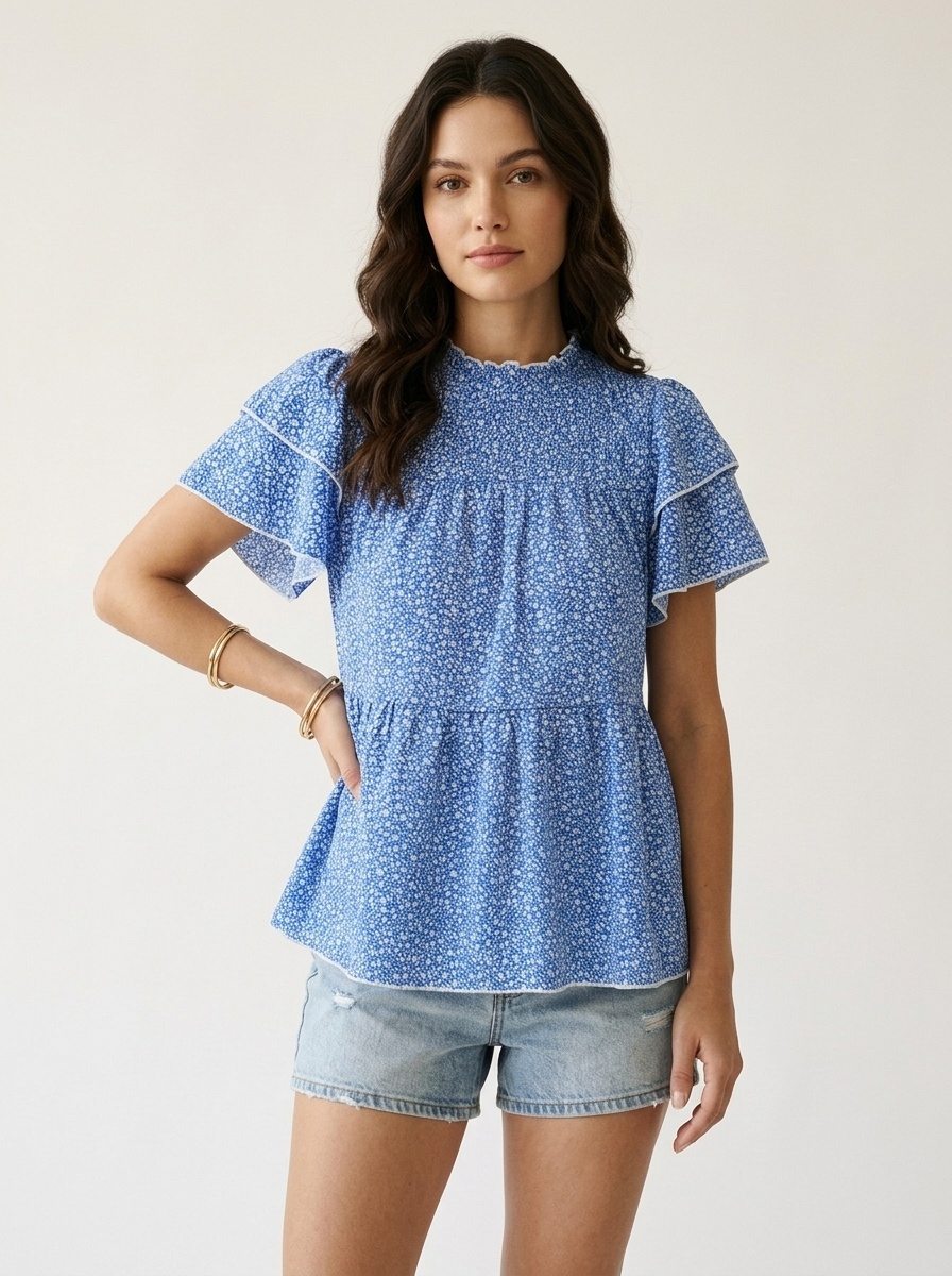 Blue Floral Ruffle Sleeve Peplum Blouse