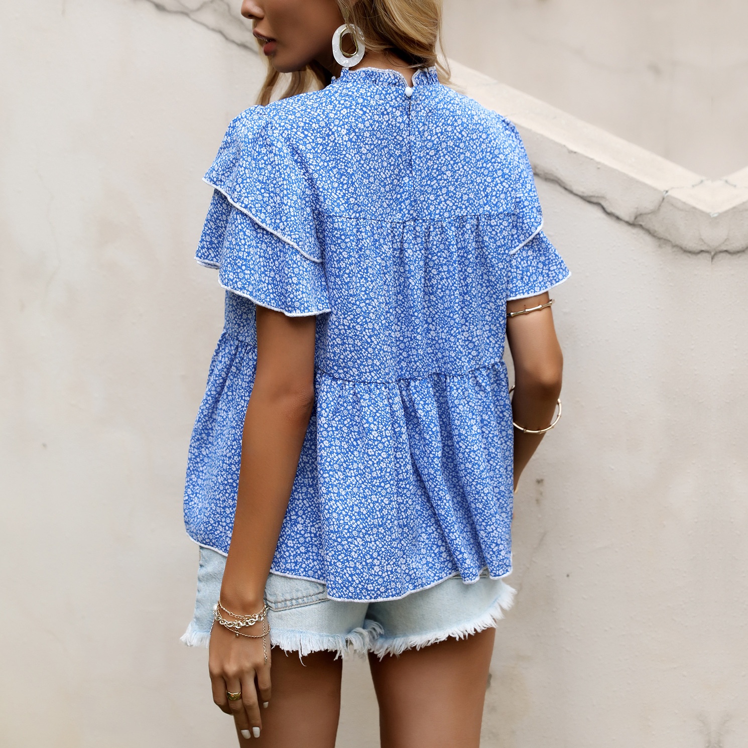 Blue Floral Ruffle Sleeve Peplum Blouse
