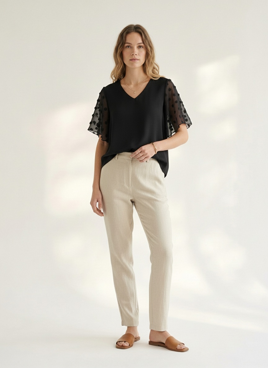 Schwarzes Top mit V-Ausschnitt und flatternden Ärmeln – transparentes Polka-Dot-Muster