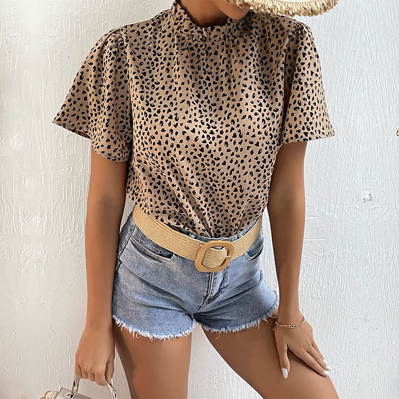 Chic Leopard Print Mock Neck Short Sleeve Blouse