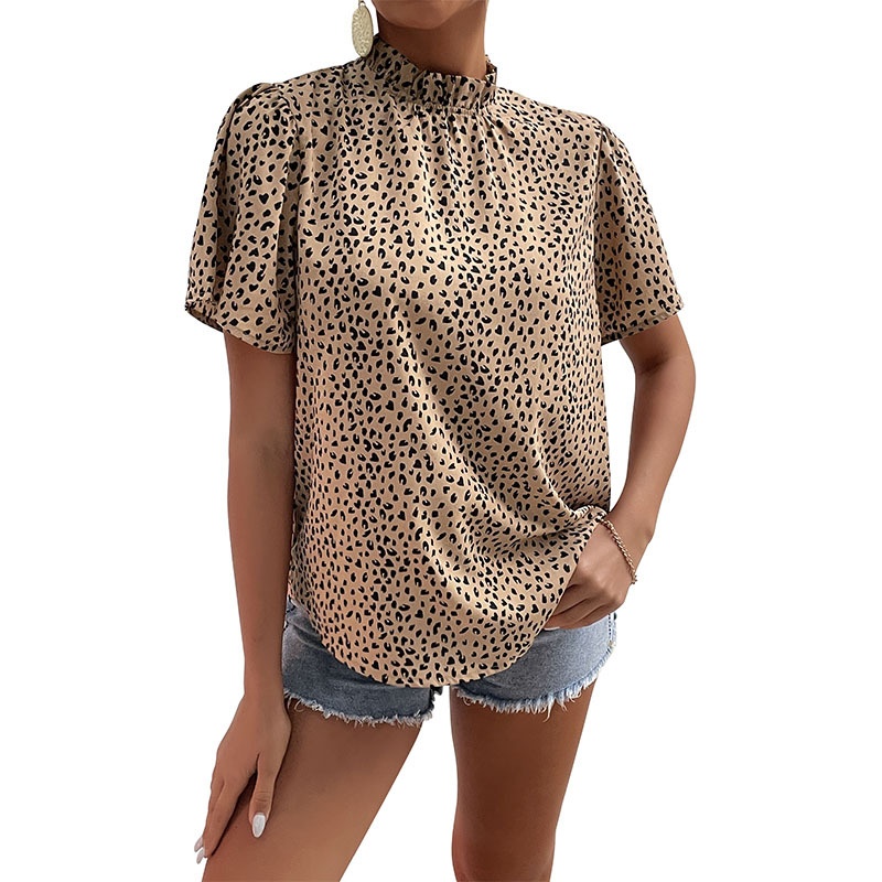 Chic Leopard Print Mock Neck Short Sleeve Blouse