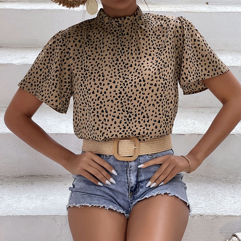 Chic Leopard Print Mock Neck Short Sleeve Blouse