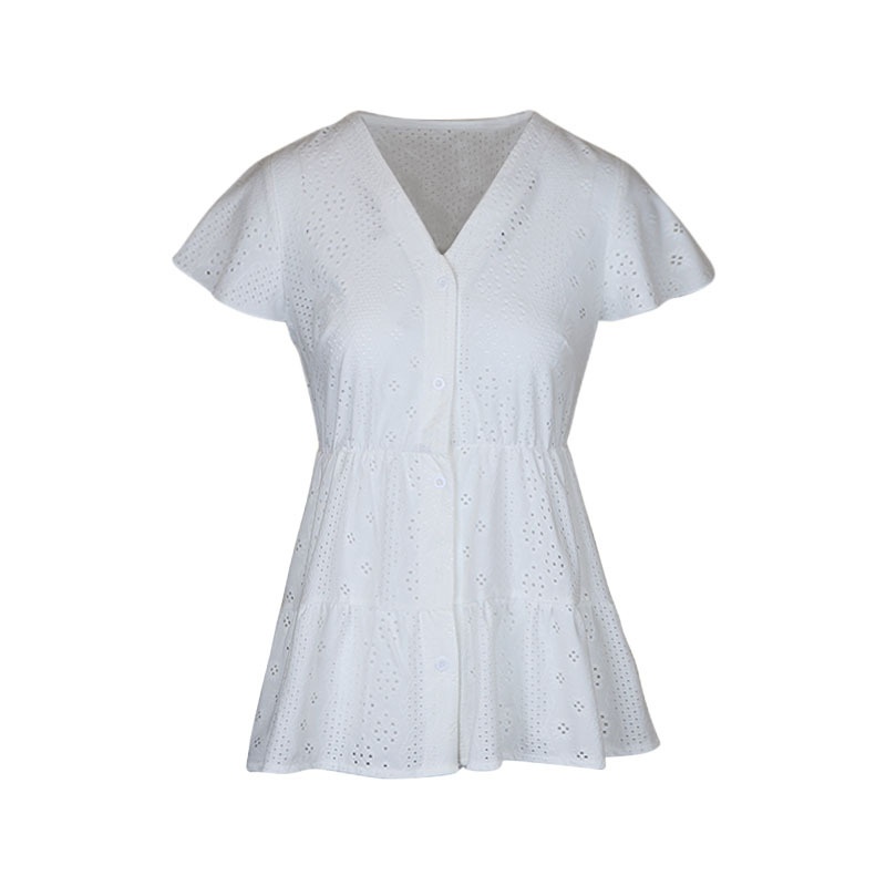 Weißes Damen-Top mit Lochstickerei, V-Ausschnitt, Rüschen und Schößchen