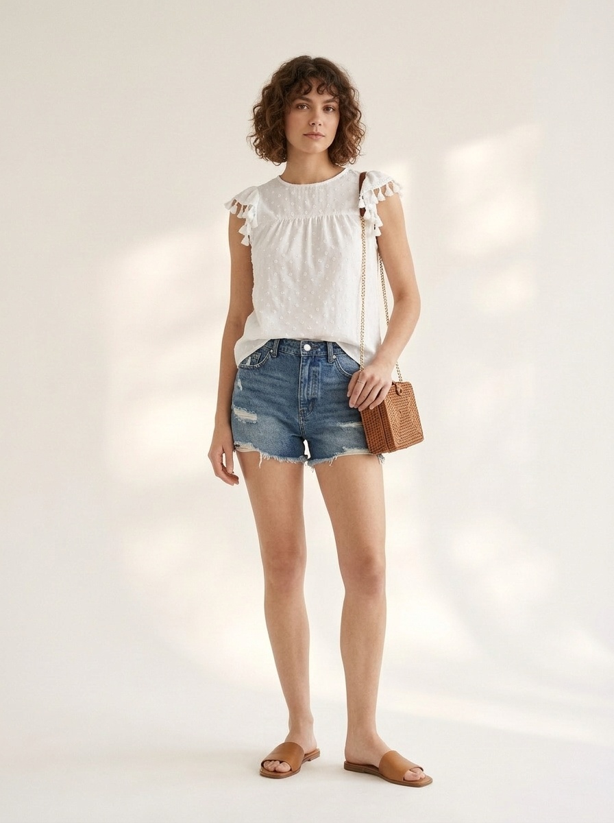 Ärmelloses Top mit weißen Schweizer Punkten und Rüschenquasten