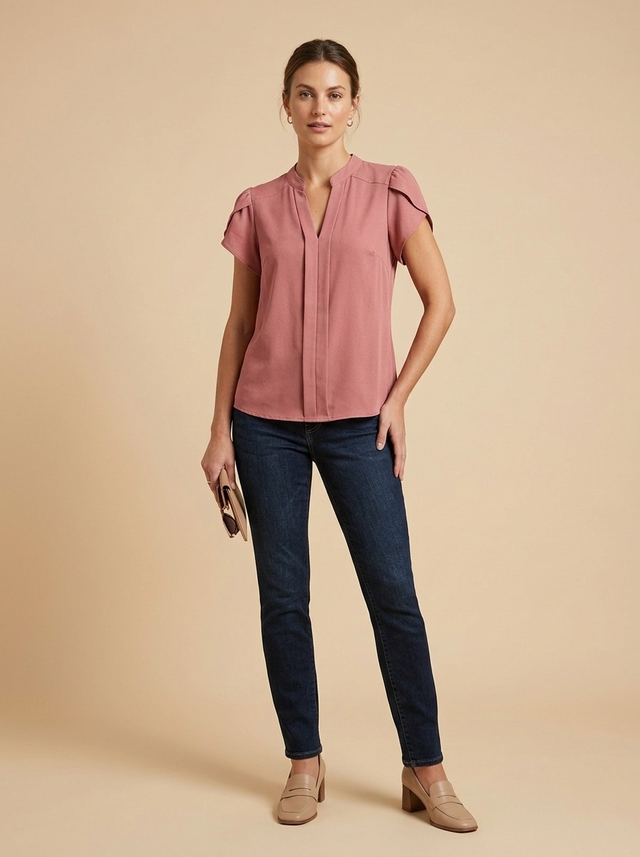 Elegante Damenbluse mit V-Ausschnitt – Kurzarm-Top mit Puffärmeln