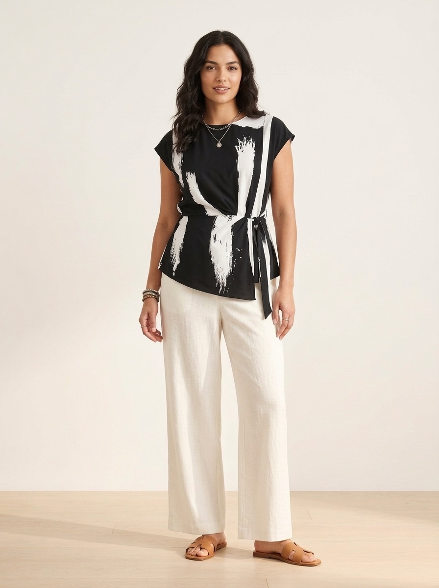 Top mit Pinselstrichmuster und Twist-Front – Schwarz & Weiß