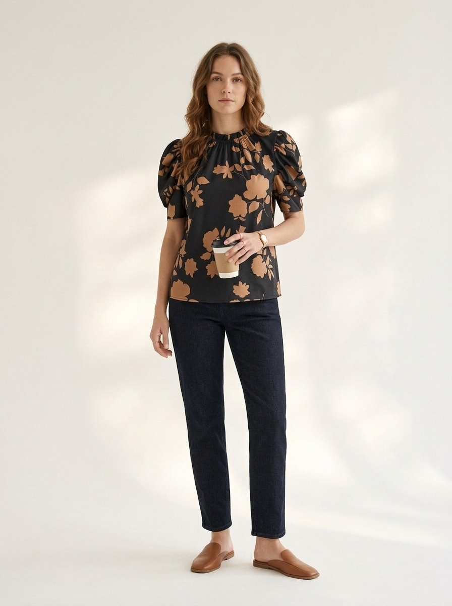 Women's Floral Puff Sleeve Mock Neck Blouse