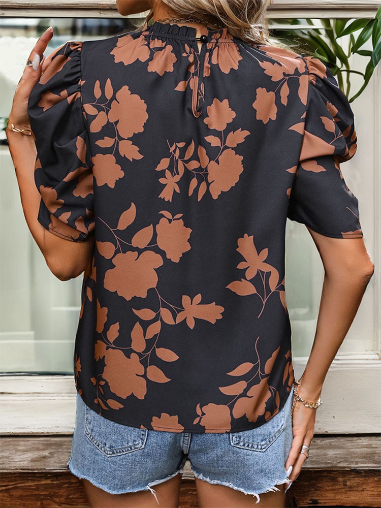 Women's Floral Puff Sleeve Mock Neck Blouse