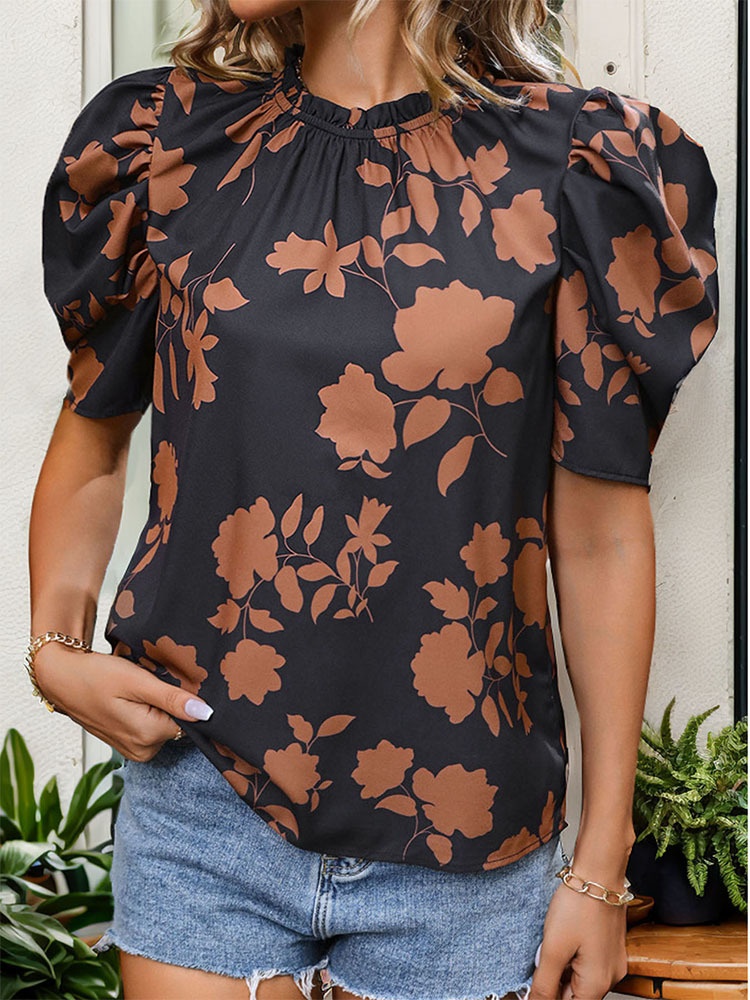 Women's Floral Puff Sleeve Mock Neck Blouse