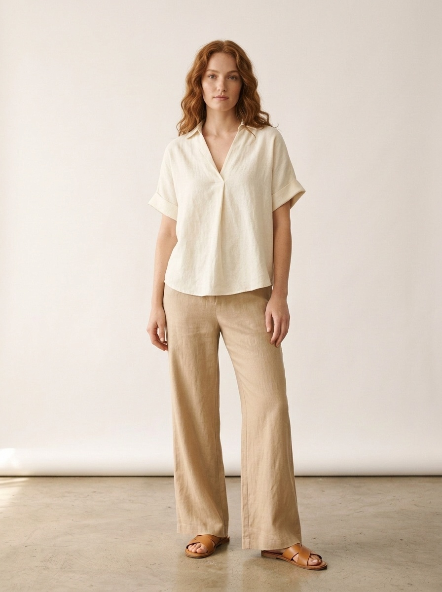 Women's Off-White V-Neck Collared Button Back Blouse