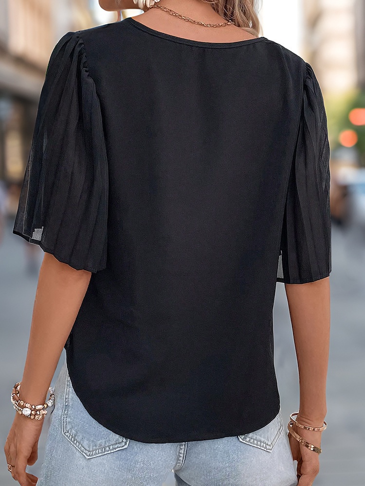 Elegant V-Neck Pleated Flutter Sleeve Blouse