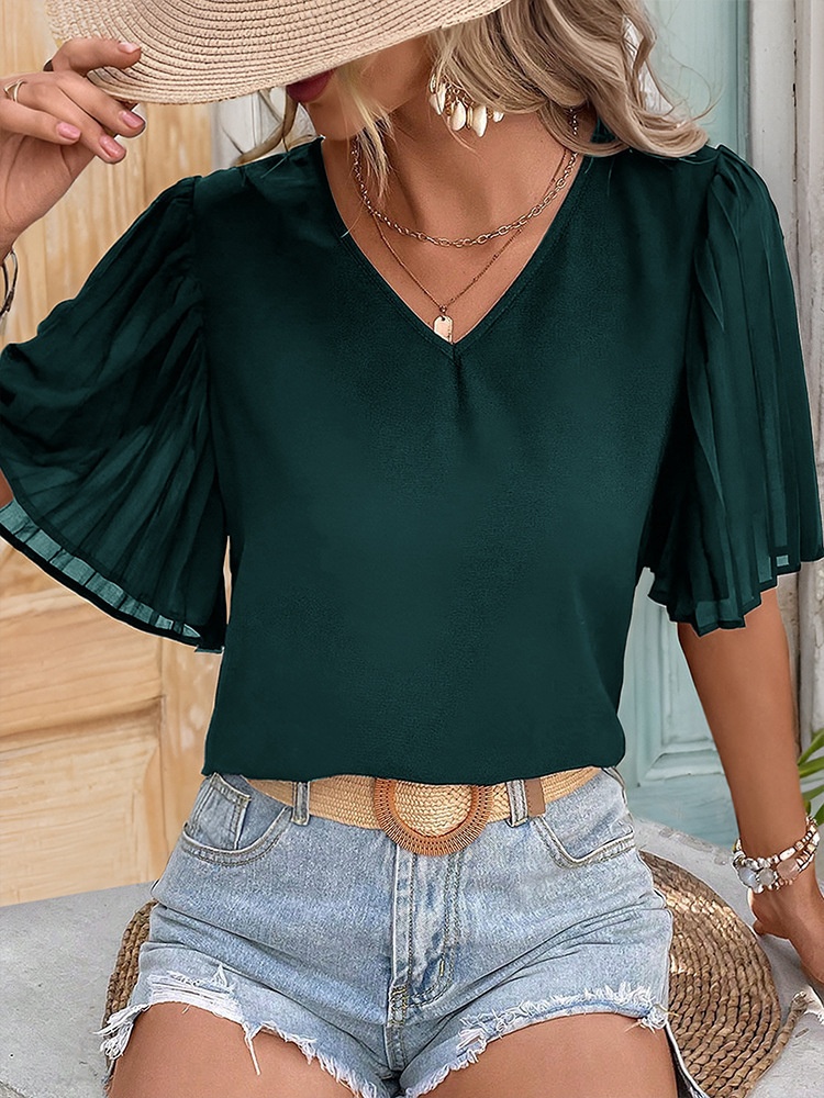 Elegant V-Neck Pleated Flutter Sleeve Blouse