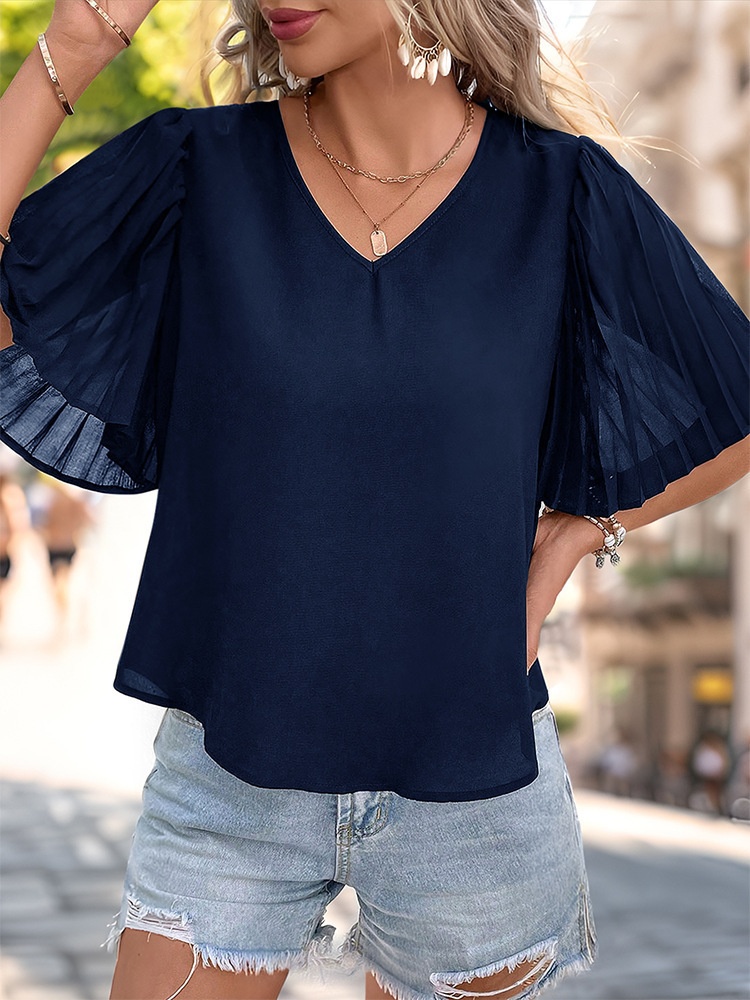 Elegant V-Neck Pleated Flutter Sleeve Blouse