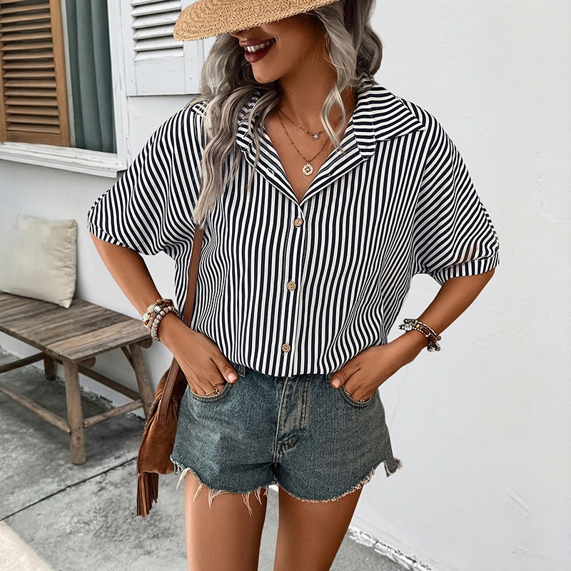 Women's Striped Button-Up Short Sleeve Shirt
