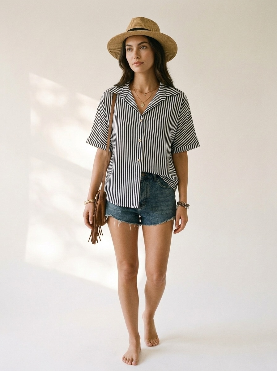 Women's Striped Button-Up Short Sleeve Shirt