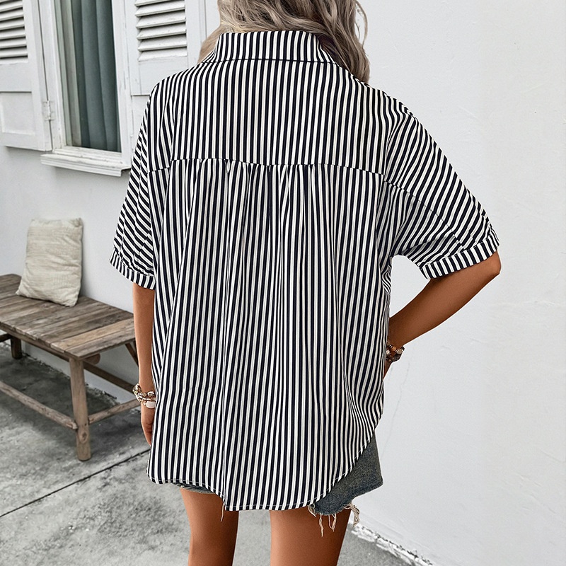 Women's Striped Button-Up Short Sleeve Shirt