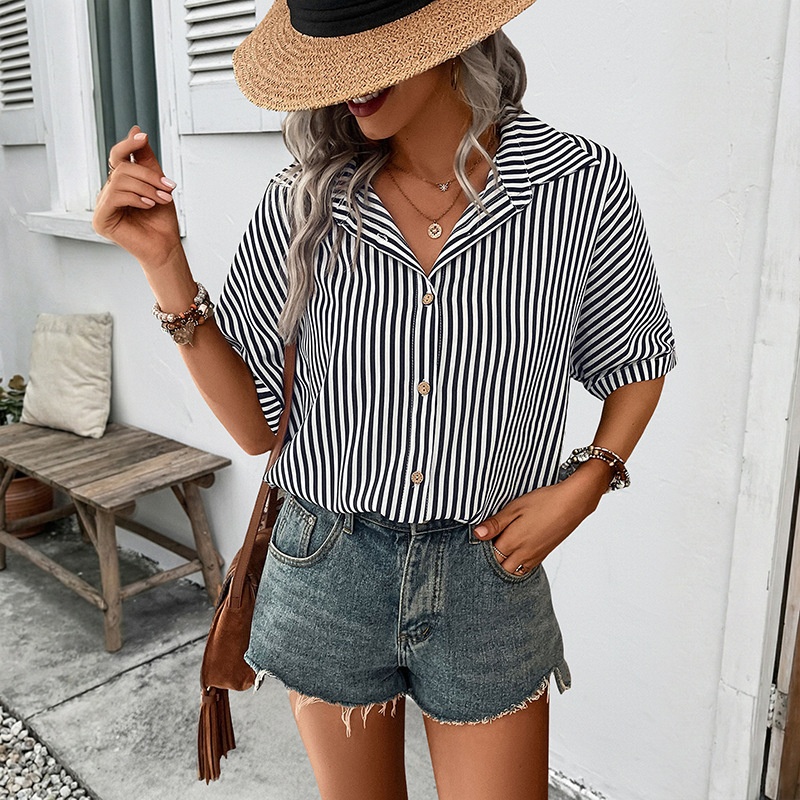 Women's Striped Button-Up Short Sleeve Shirt