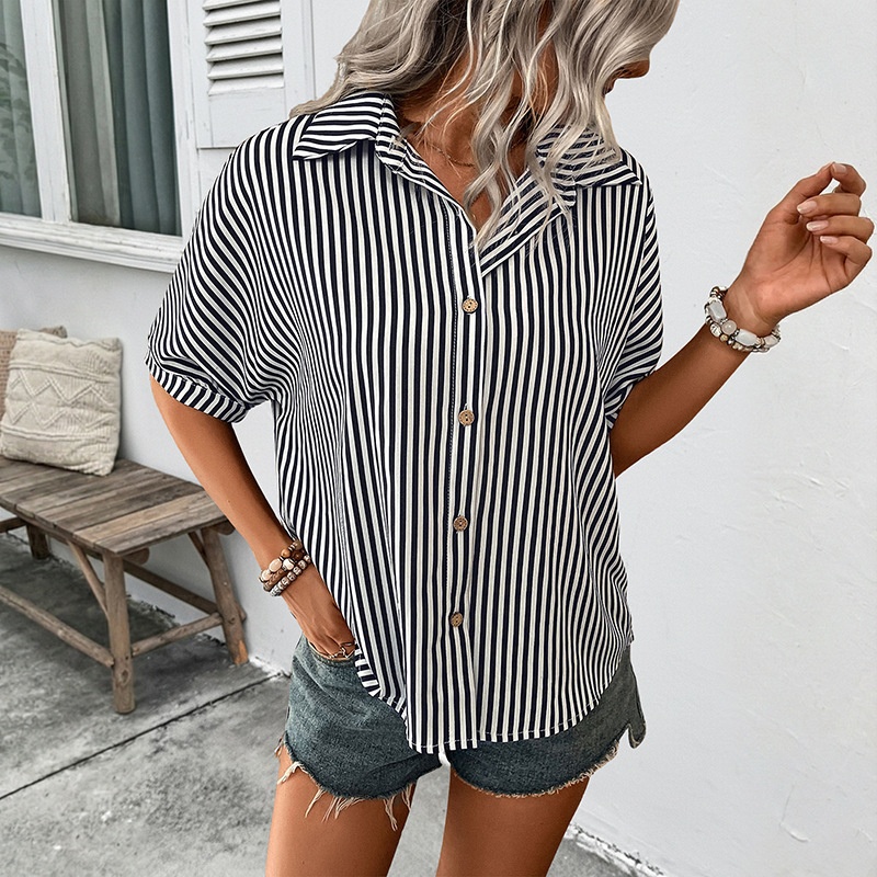 Women's Striped Button-Up Short Sleeve Shirt