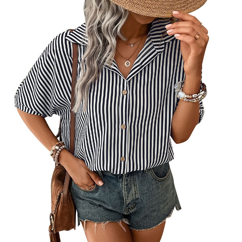 Women's Striped Button-Up Short Sleeve Shirt